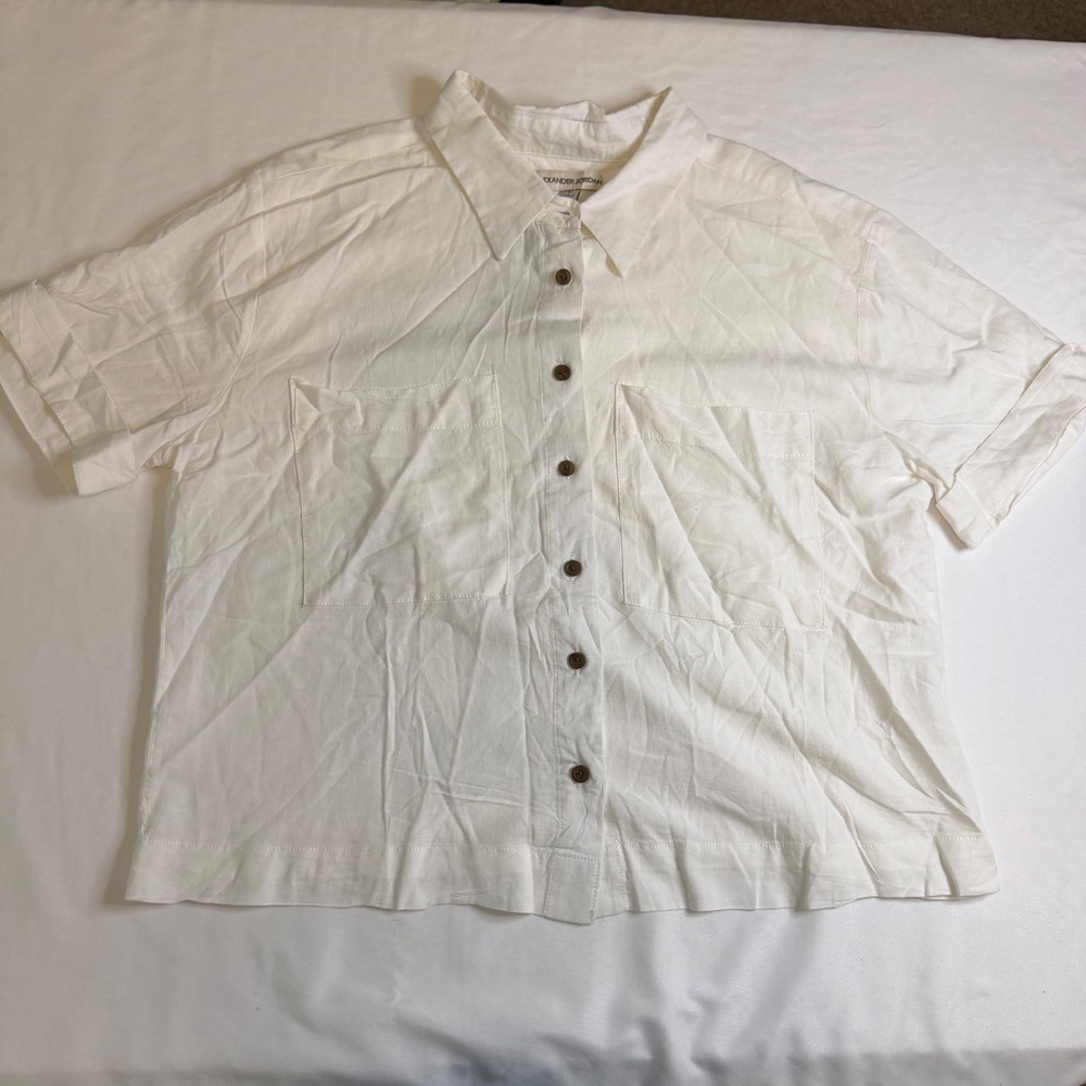 Alexander Jordan White Linen Blend Short Sleeve Button Down Pocket Shirt Large